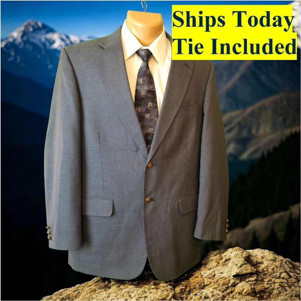 Bert Pulitzer Men's 42R Solid Blue 100% Wool Blazer Sport Coat & Tie 11436